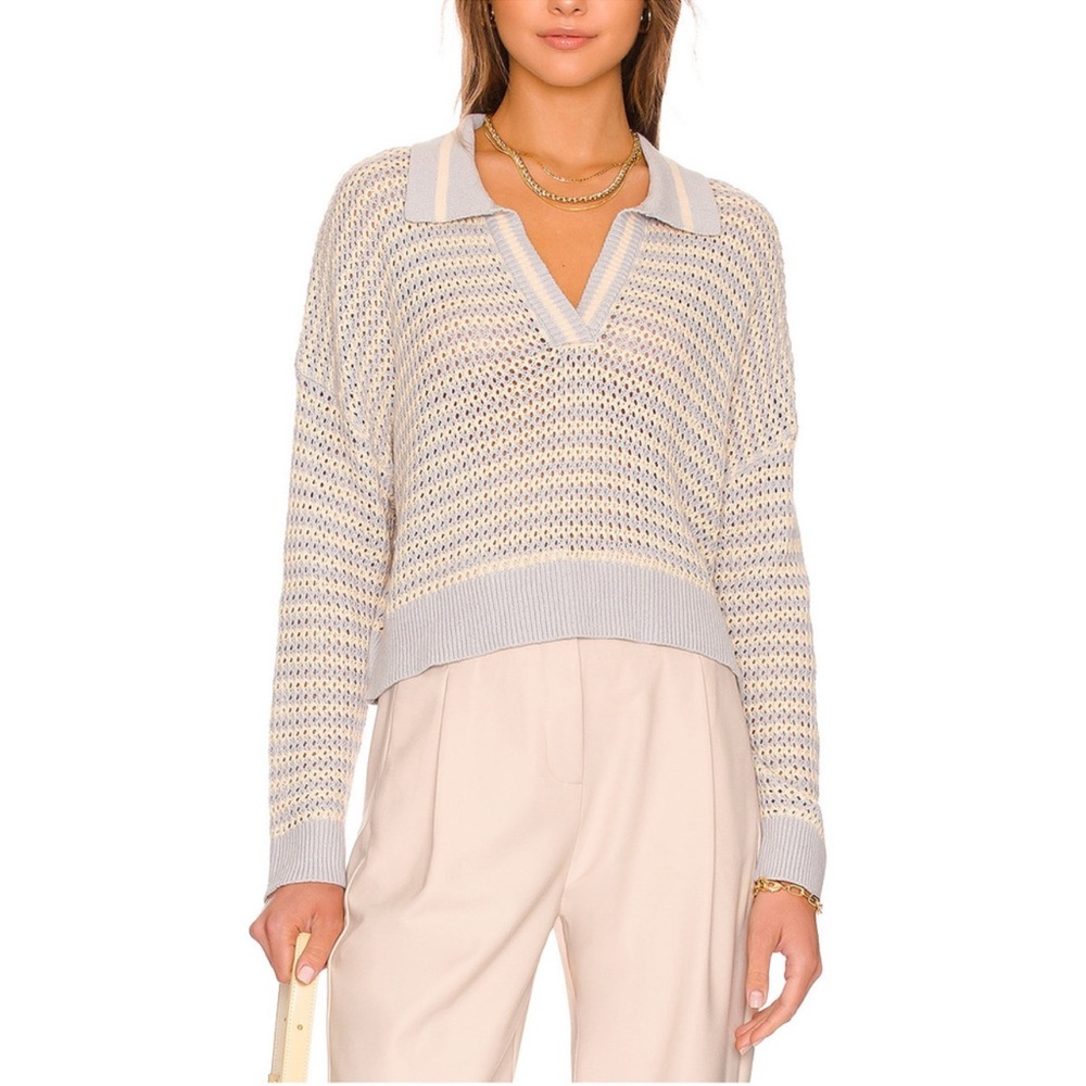 525 America Light Gray Open-Knit V-Neck Collared Sweater